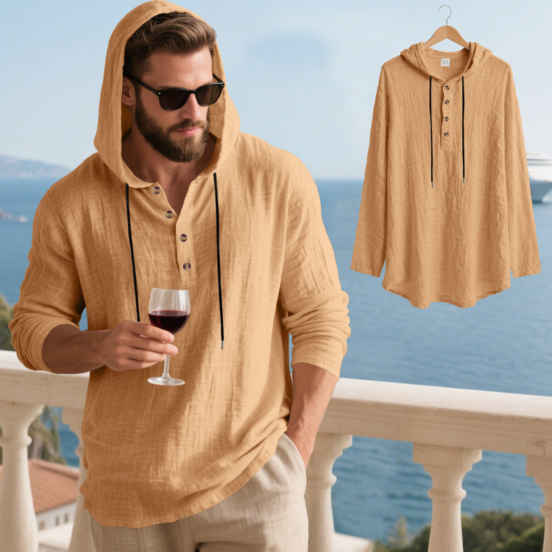 Men's Linen-Blend Hooded Henley Shirt