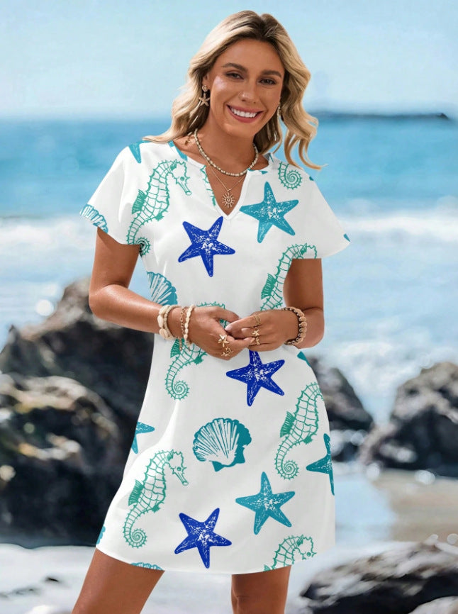Women's V-Neck Starfish Print Short Sleeve Dress
