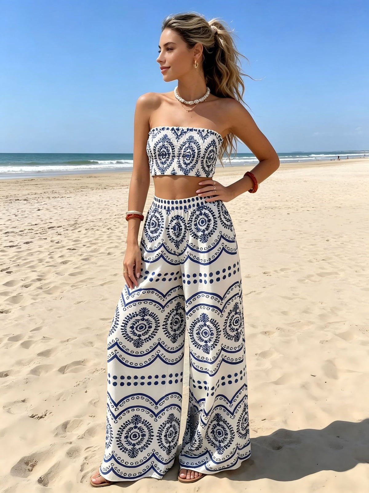 Women's Printed Tube Top and Wide-Leg Pants Set