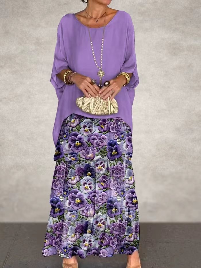 Women's Chiffon Batwing Sleeve Round Neck Long Dress