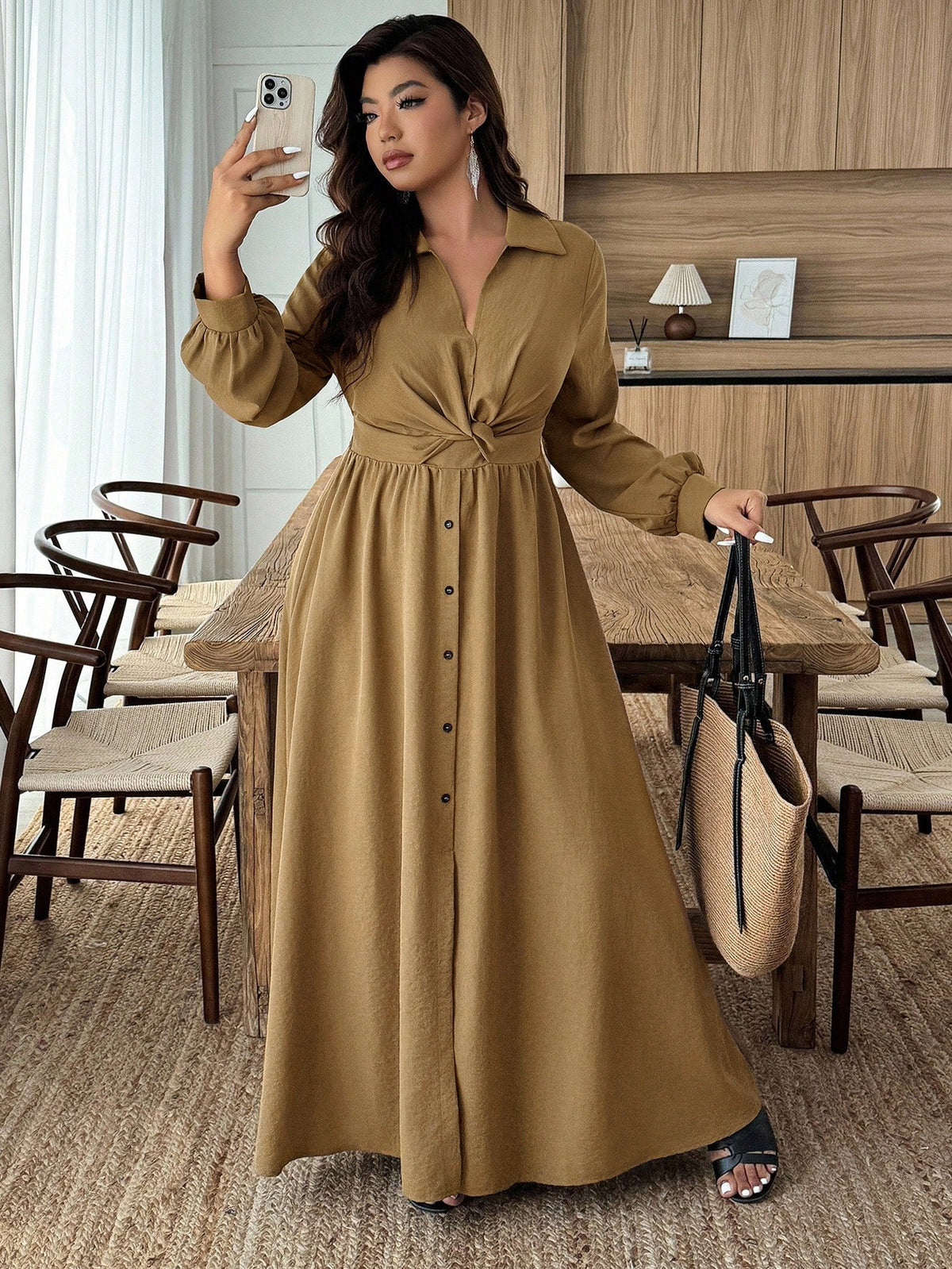 Women's V-Neck Drawstring High Waist Flared Dress