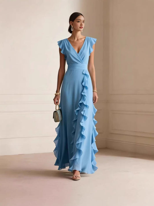 Women's Ruched V-Neck Chiffon Dress