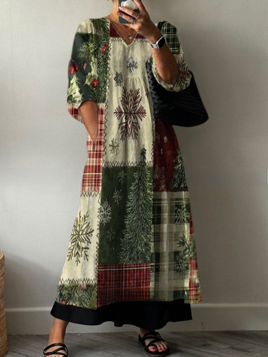Women's Loose V Neck Long Sleeve Print Dress