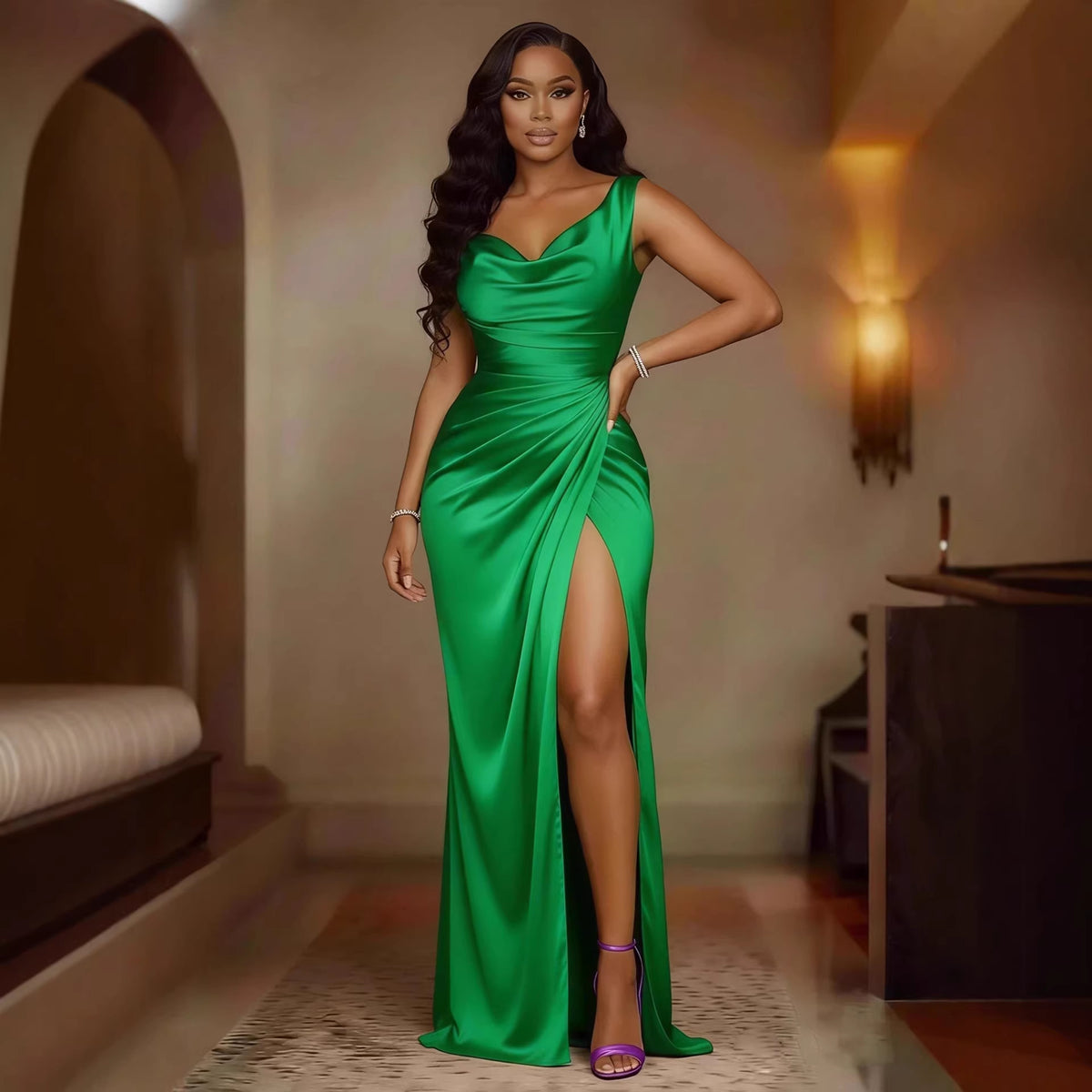 Women's Sleeveless Satin Dress with Hem Slit