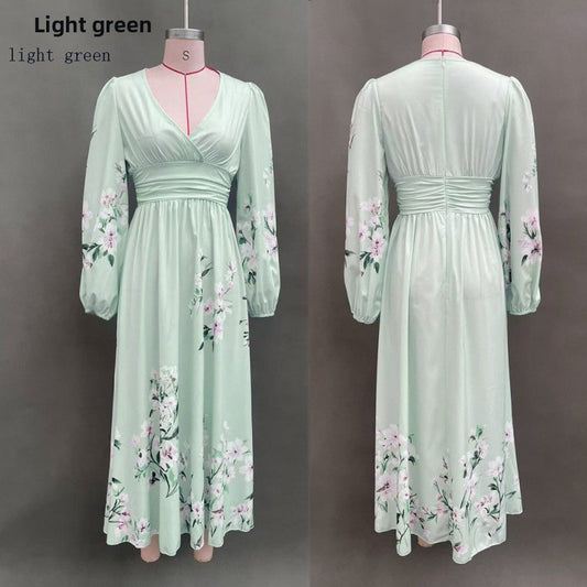 Women's Floral Print V-Neck Long Sleeve A-Line Maxi Dress