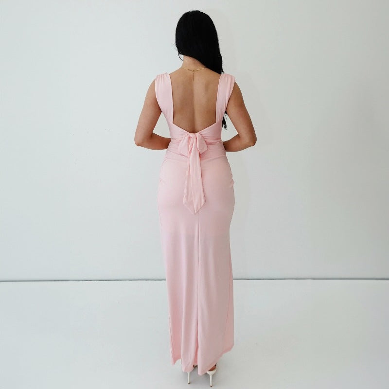 Women's Sleeveless Backless Lace-Up Dress with Side Slit