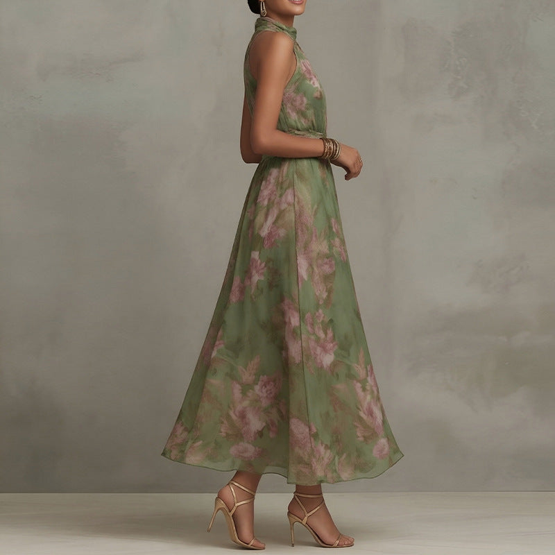 Women's Elegant Print Halter Neck Waist-Cinching Dress