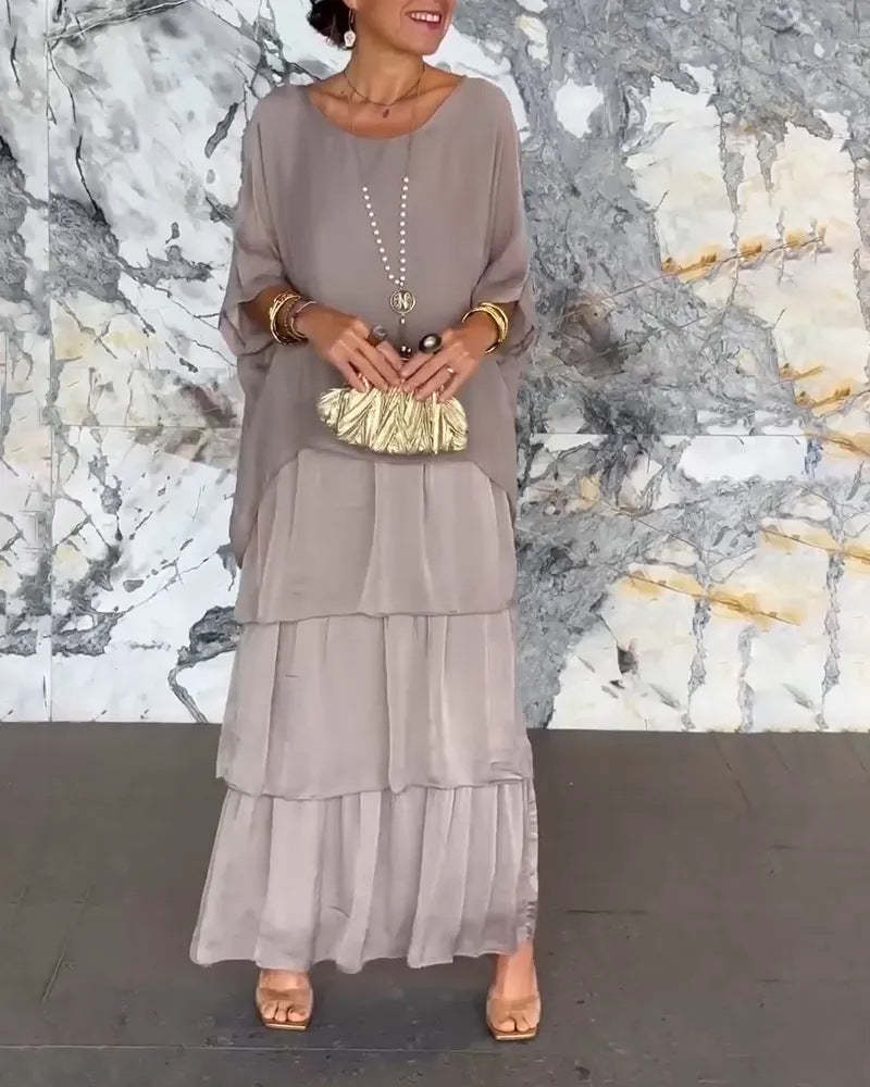 Women's Chiffon Batwing Sleeve Round Neck Long Dress