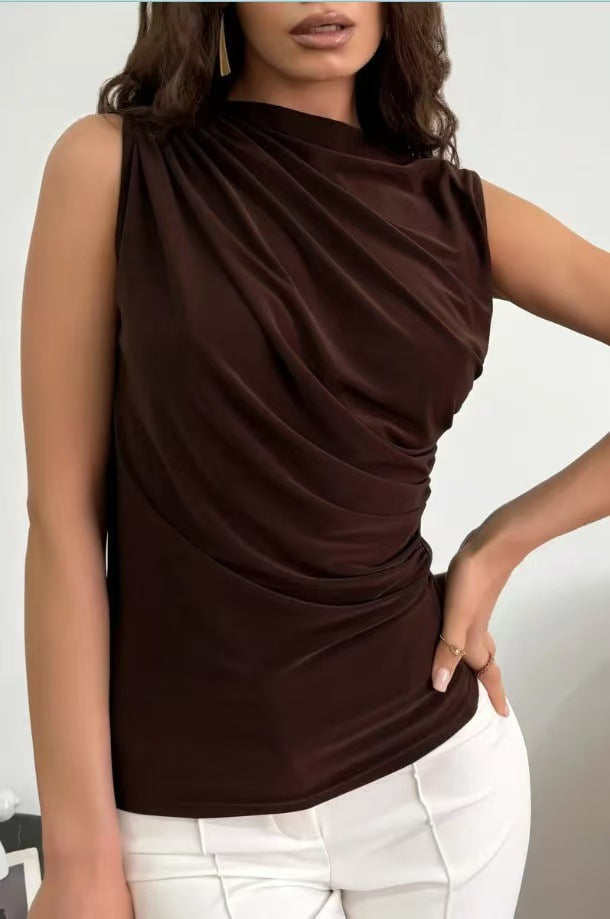 Women's Pleated Sleeveless Mock Neck Top in Brown