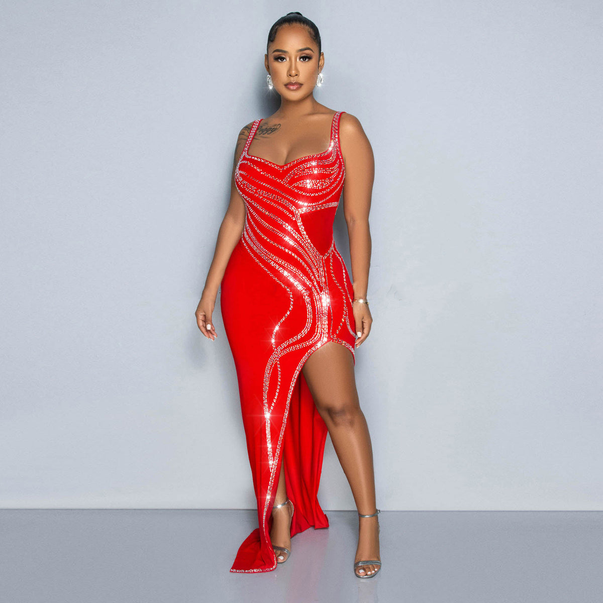 Women's Diamond Detail Slit Elastic Bodycon Dress