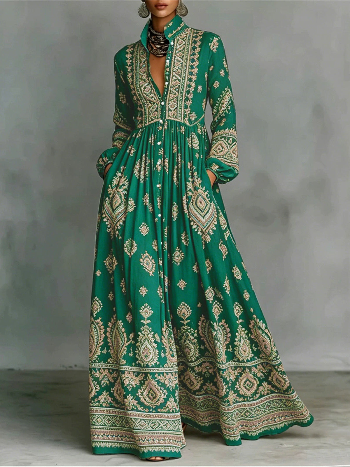 Women's Ethnic Print Long Sleeve Dress with Pockets