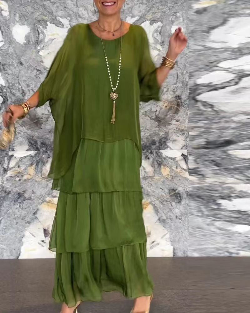 Women's Chiffon Batwing Sleeve Round Neck Long Dress