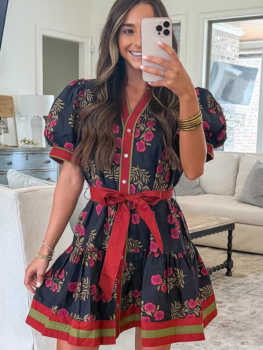 Women's Floral Print High Waist Cotton Dress