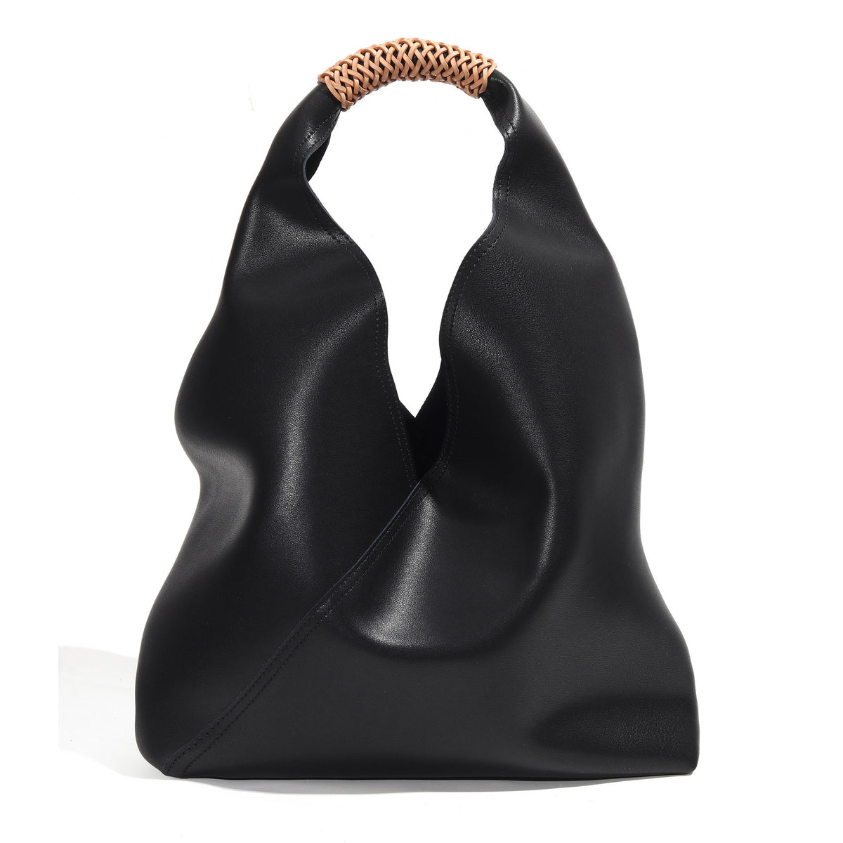Genuine Leather Woven Bucket Bag in Black