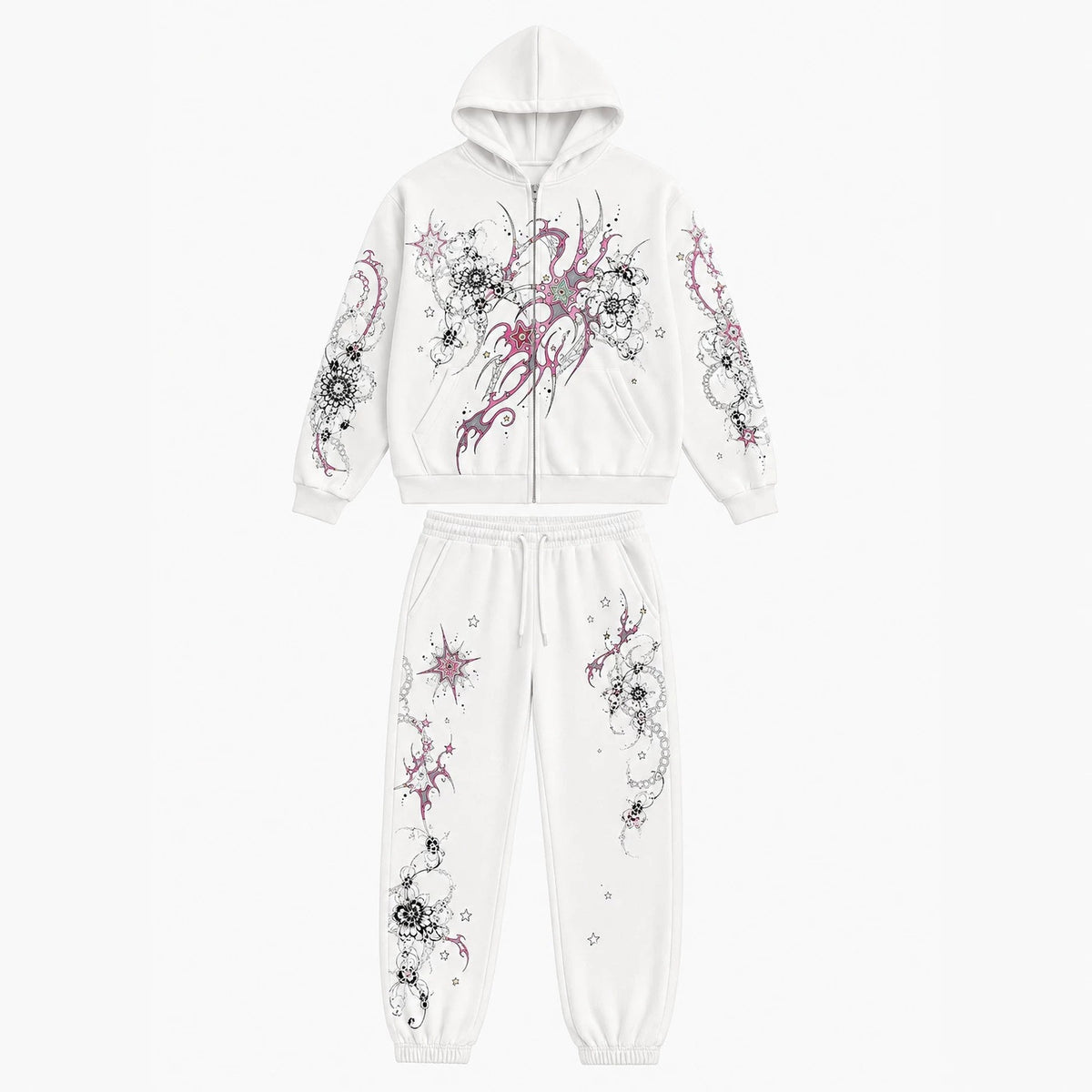 Print Hooded Zip Sweatshirt and Pants Set