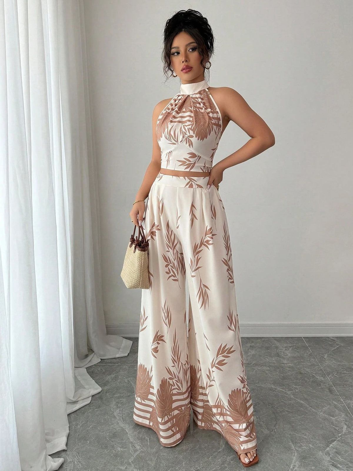 Women's Floral Halter Top and Wide-Leg Pants Set