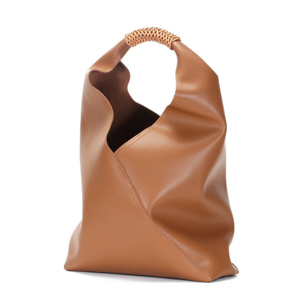 Genuine Leather Woven Bucket Bag in Brown