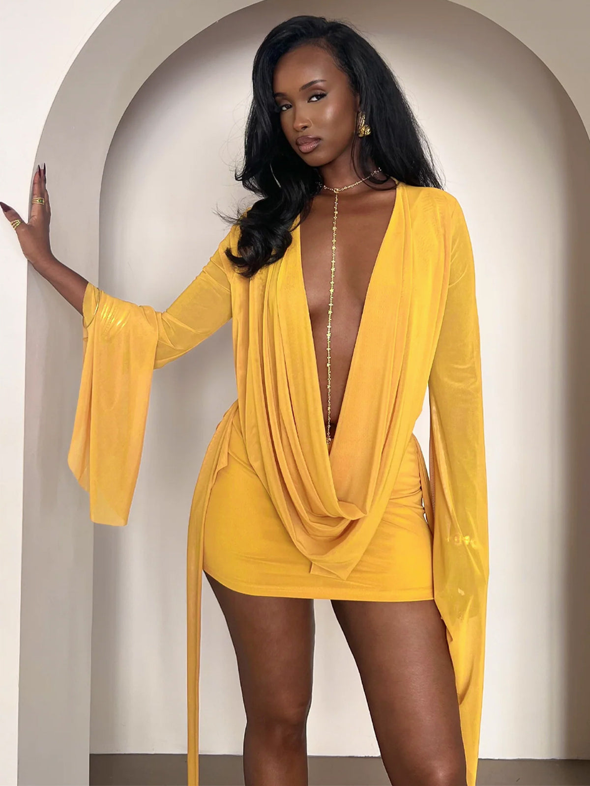Women's Mesh Deep V-Neck Open Back Bodycon Dress