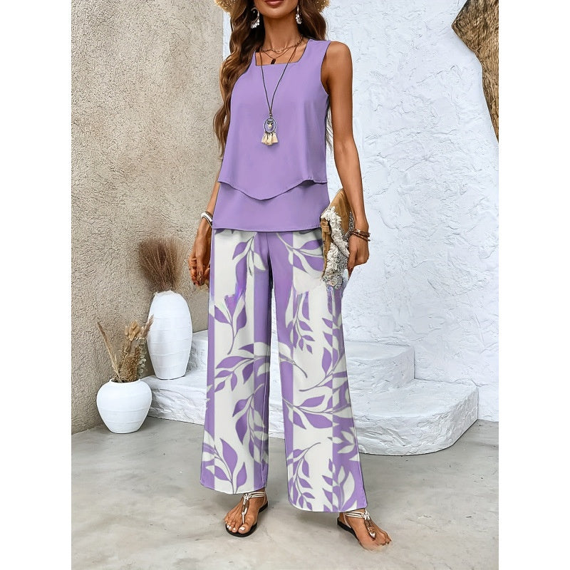 Women's Sleeveless Floral Print Tank Top and Pants Set