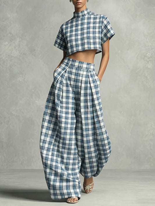 Women's Plaid Top and Wide-Leg Pants Set