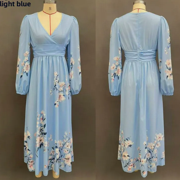 Women's Floral Print V-Neck Long Sleeve A-Line Maxi Dress