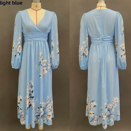 Women's Floral Print V-Neck Long Sleeve A-Line Maxi Dress