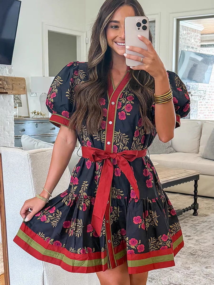 Women's Floral Print High Waist Cotton Dress