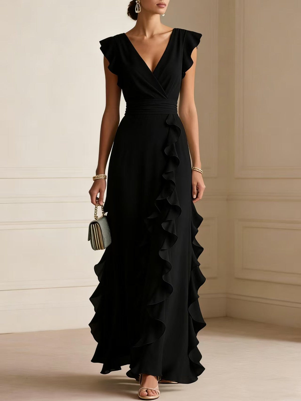 Women's Ruched V-Neck Chiffon Dress