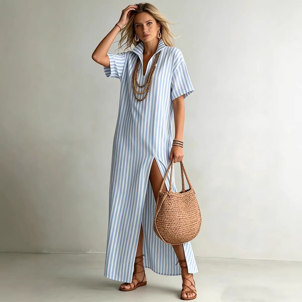 Women's Striped V-Neck Summer Shirt Dress