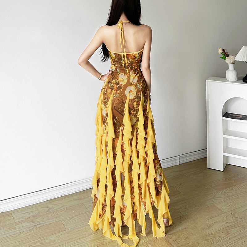 Women's Striped Floral Backless Dress