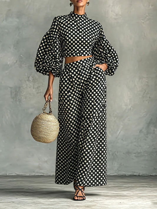 Women's Polka Dot Puff Sleeve Top and Wide-Leg Pants Set