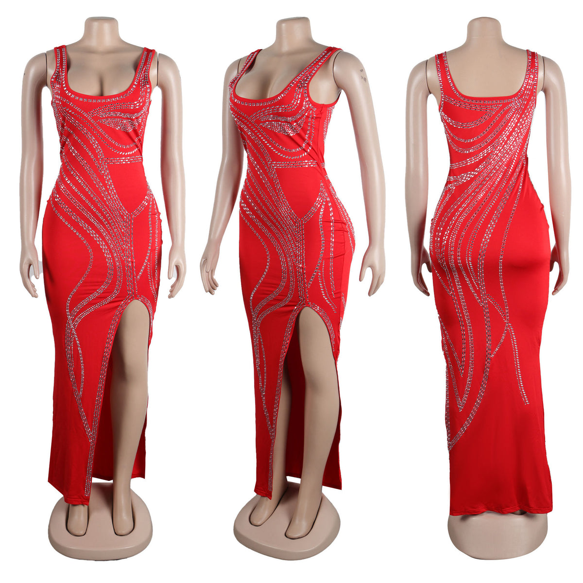 Women's Diamond Detail Slit Elastic Bodycon Dress