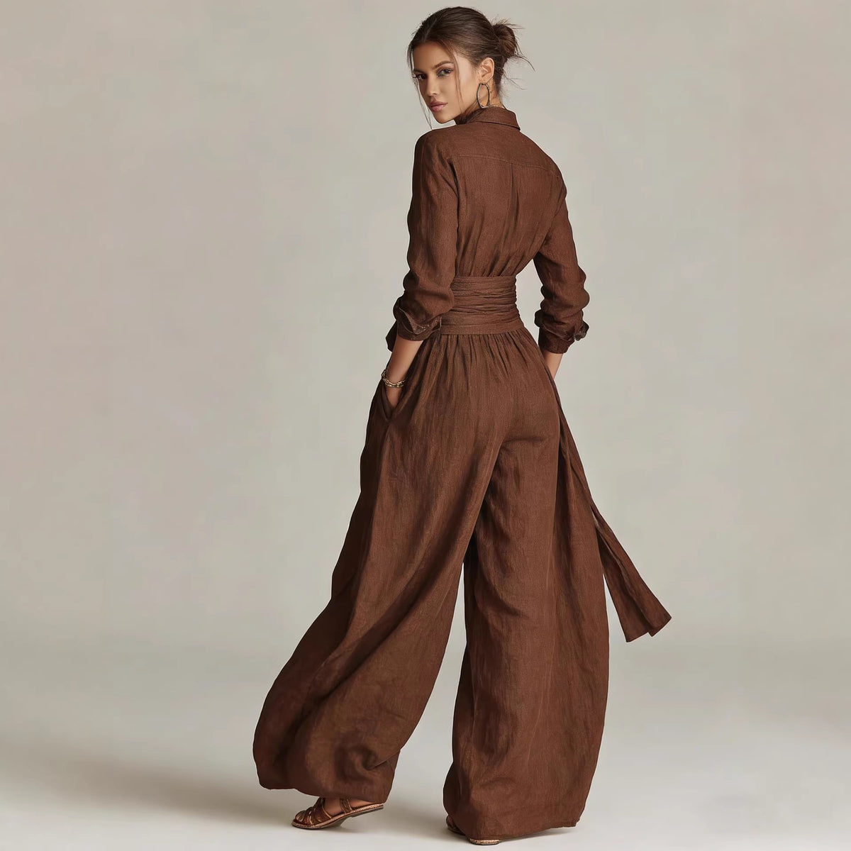 Women's Lapel Collar Belted Wide-Leg Jumpsuit