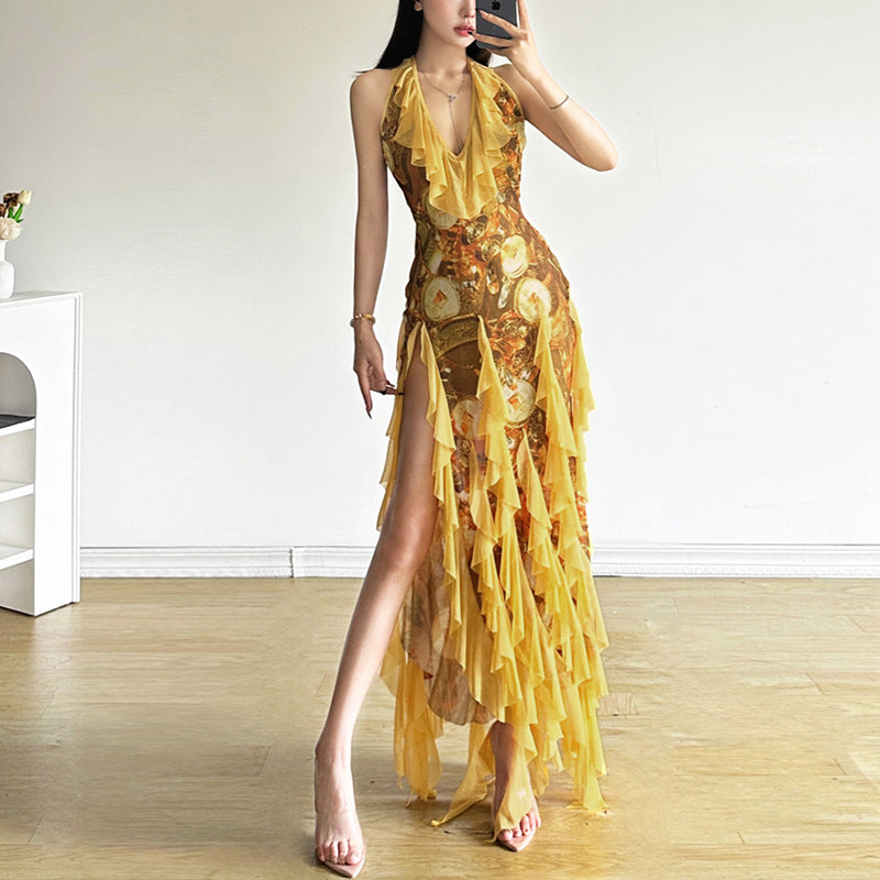 Women's Striped Floral Backless Dress