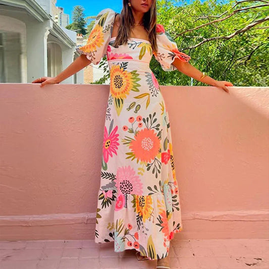 Women's Floral Print Lantern Sleeve Maxi Dress