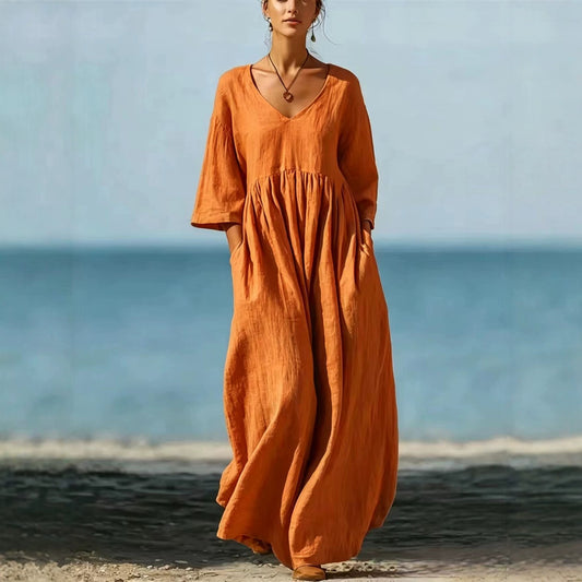 Women's V-Neck Cotton Linen A-Line Dress