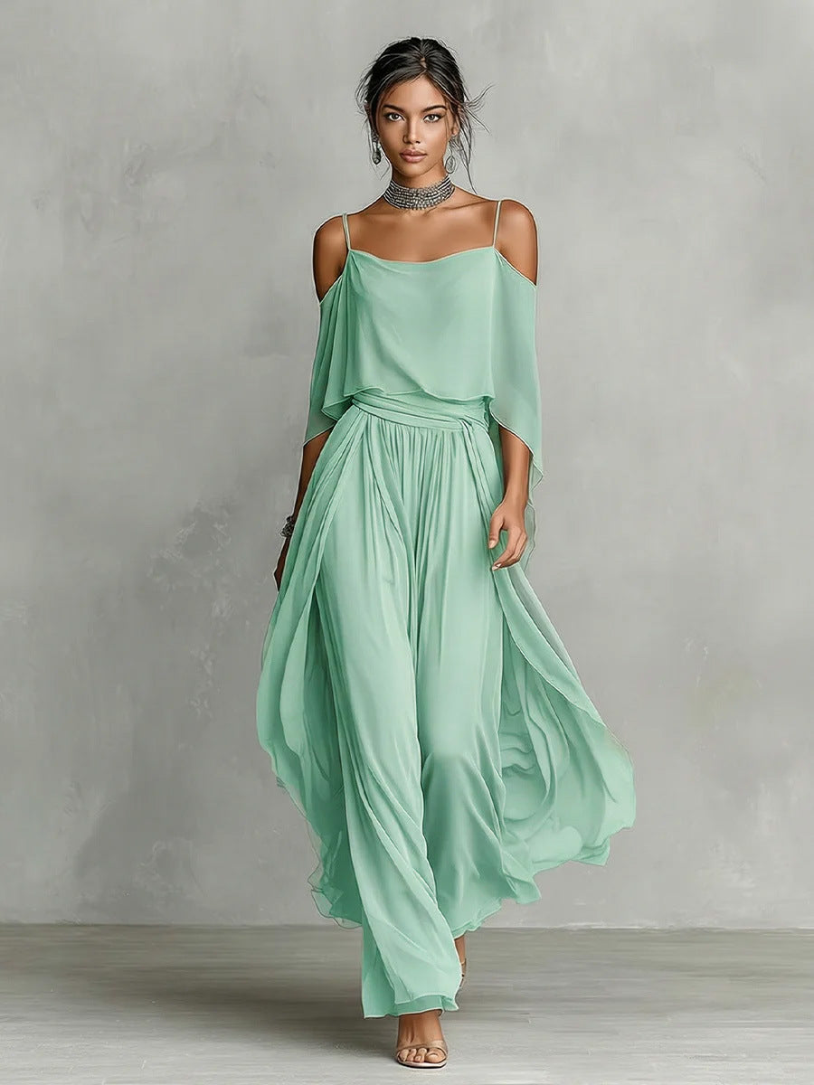 Women's Chiffon Off-Shoulder Top and Wide-Leg Pants Set