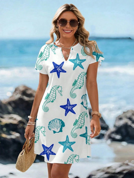 Women's V-Neck Starfish Print Short Sleeve Dress
