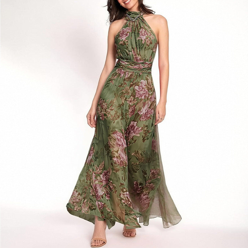 Women's Elegant Print Halter Neck Waist-Cinching Dress