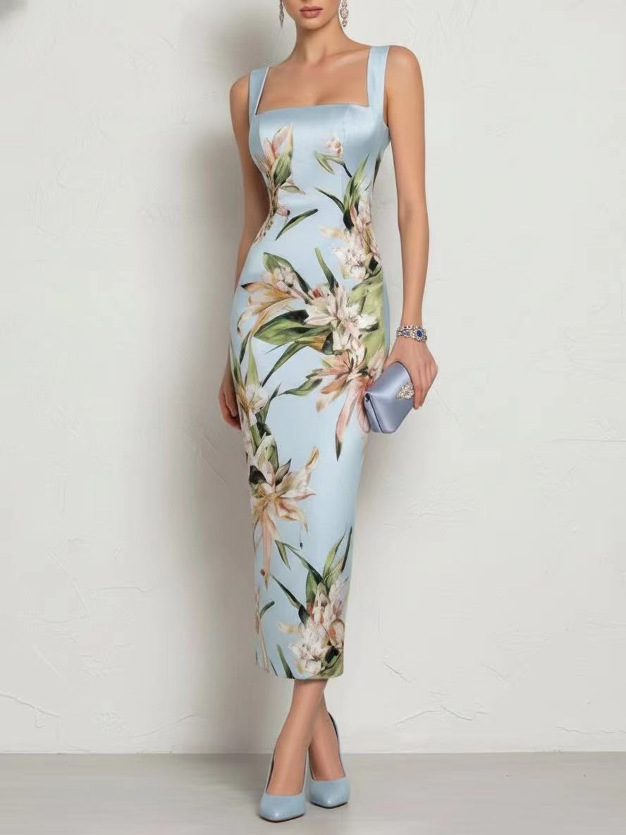 Women's Strapless Floral Bodycon Dress with Back Zipper