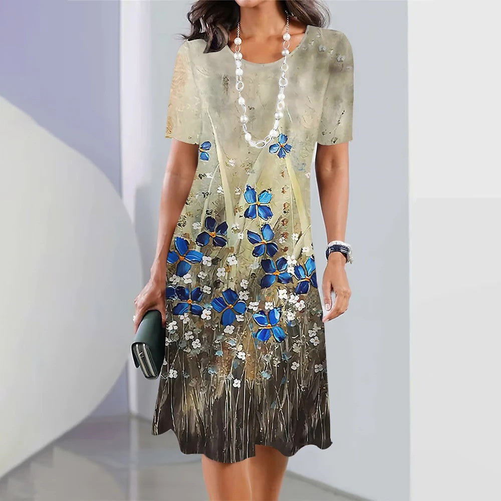 Women's 3D Floral Print Short Sleeve Princess Dress