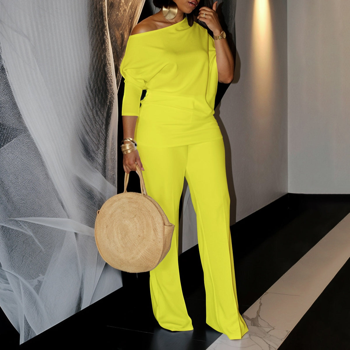 Women's Asymmetrical Neck Top and Wide-Leg Pants Set