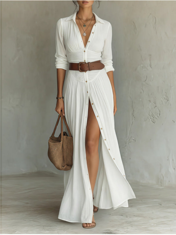 Women's V-Neck Long Slit Shirt Dress