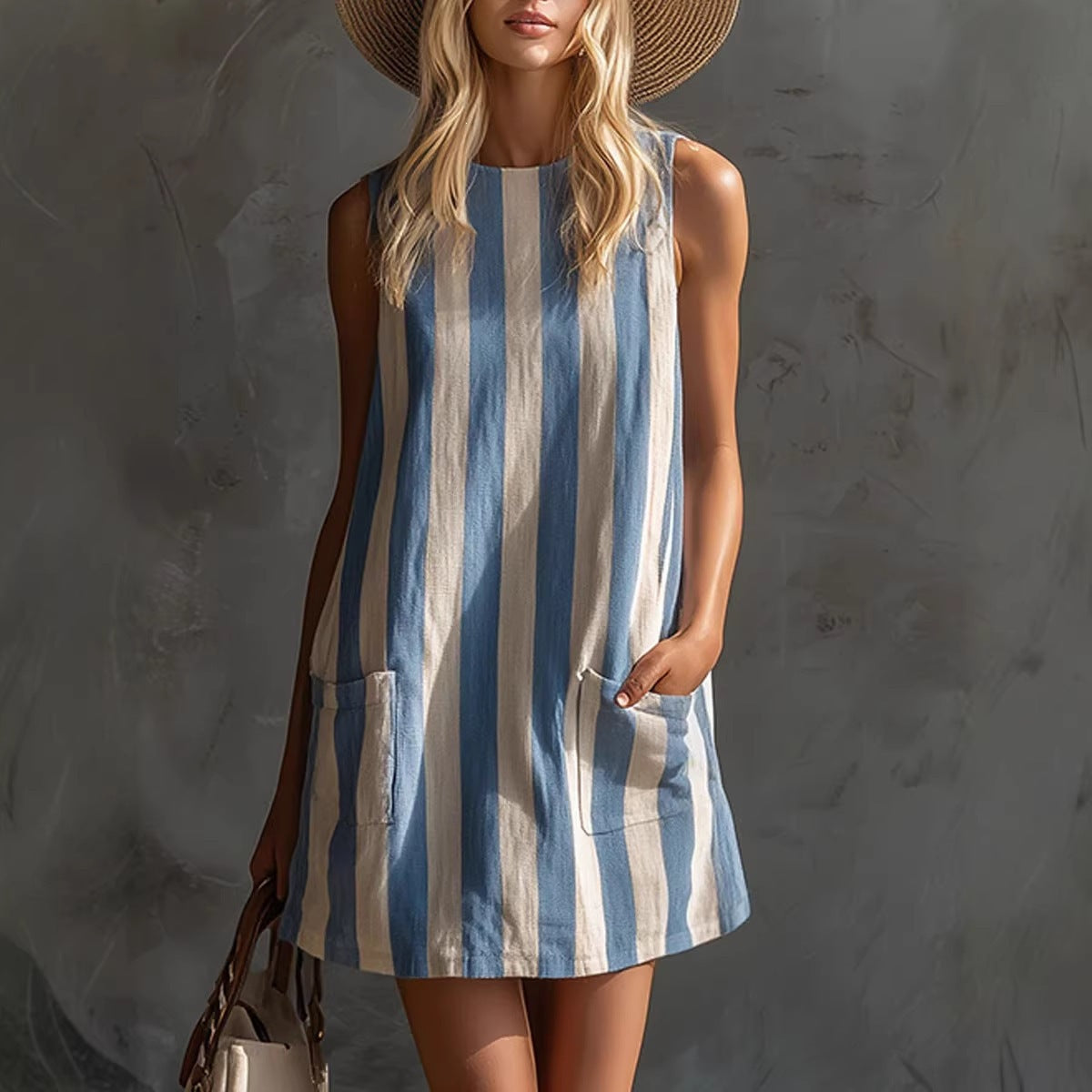 Women's Retro Striped Sleeveless Round Neck Tank Dress
