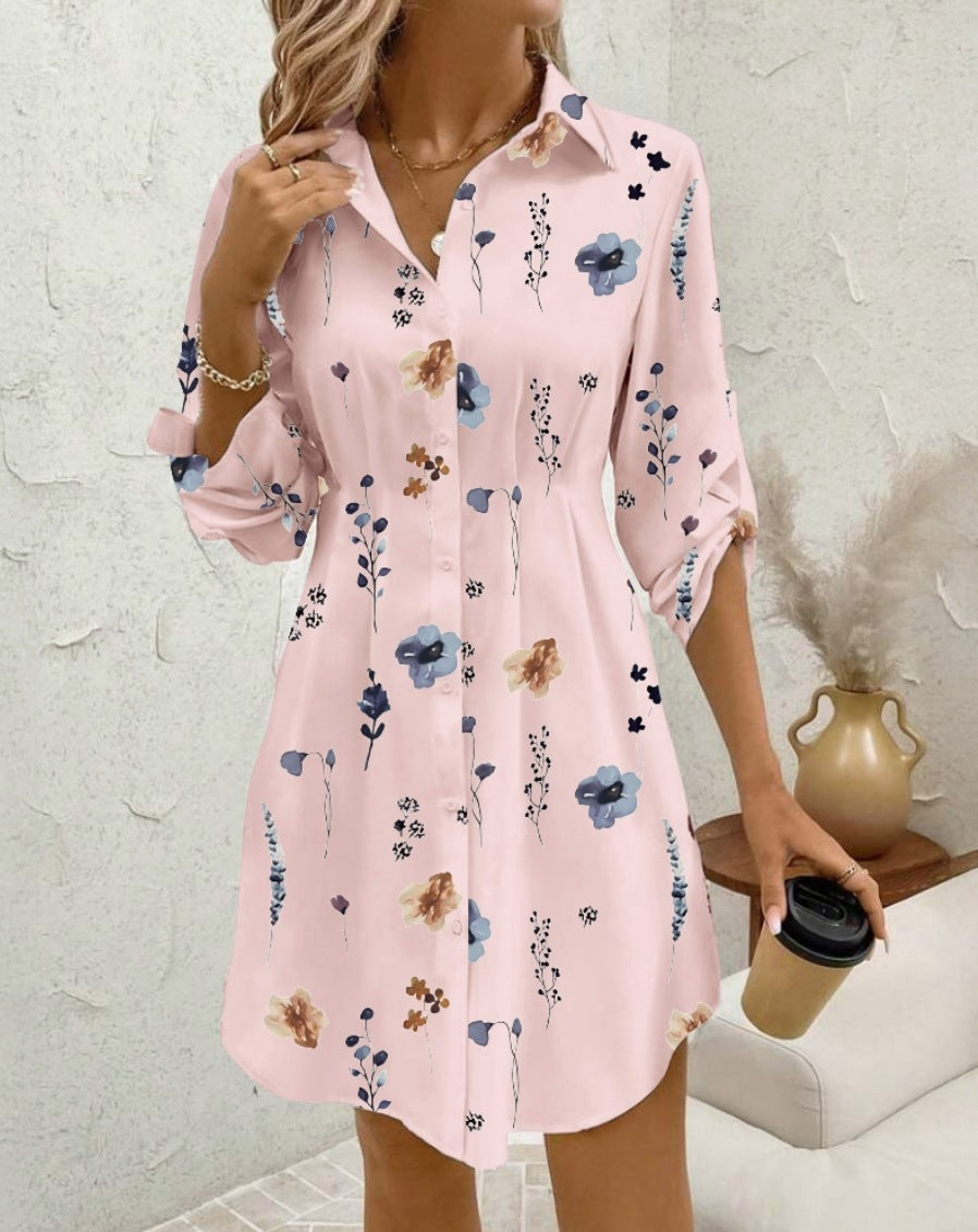 Women's Floral Print Lapel Long Sleeve Shirt Dress