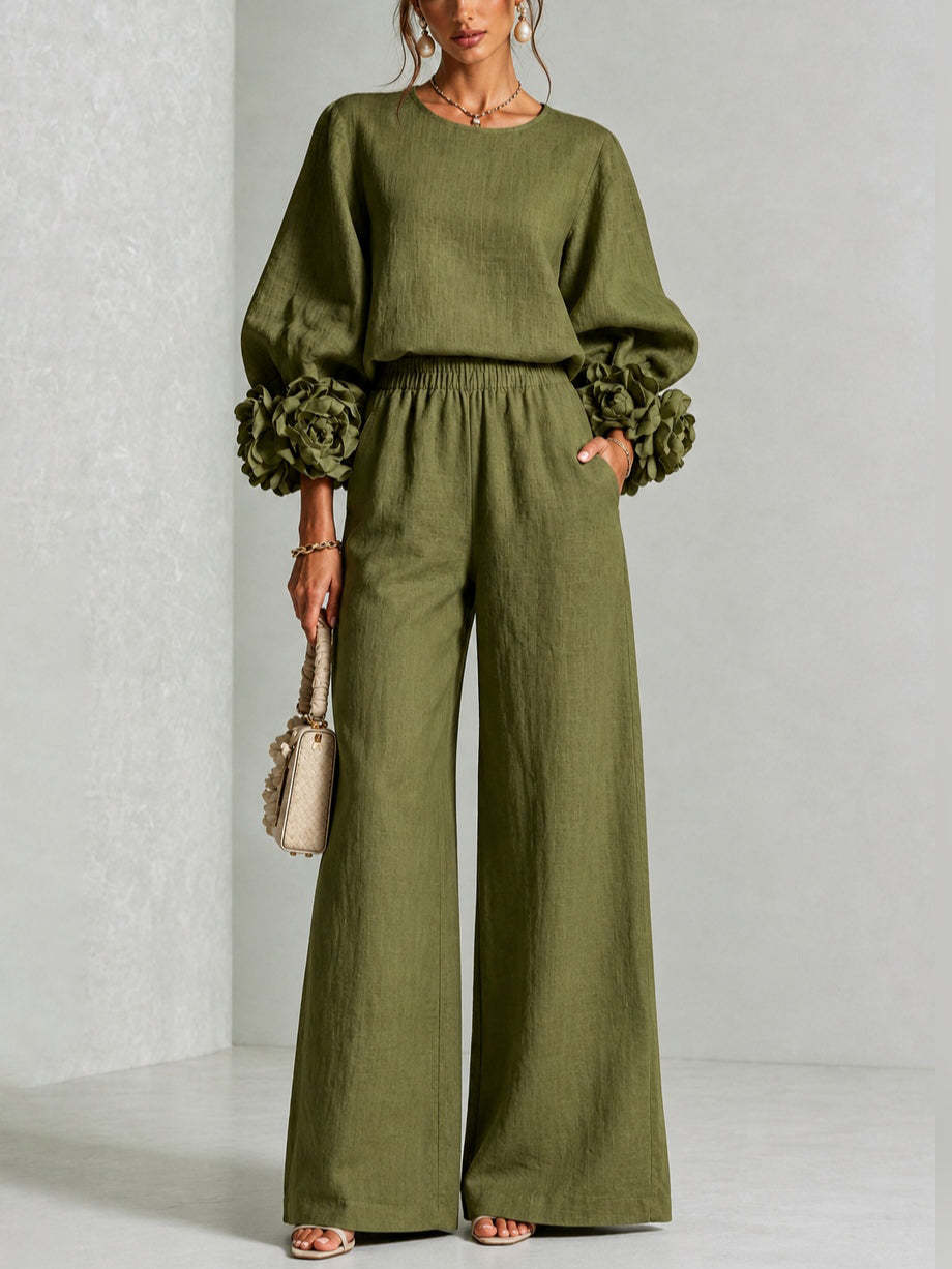 Women's Lantern Sleeve Top and Wide-Leg Pants Set with Ruffled Cuffs