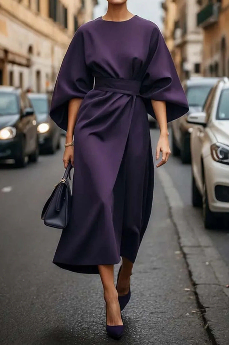 Women's Elegant Solid Color Waist-Cinching Batwing Sleeve Long Dress