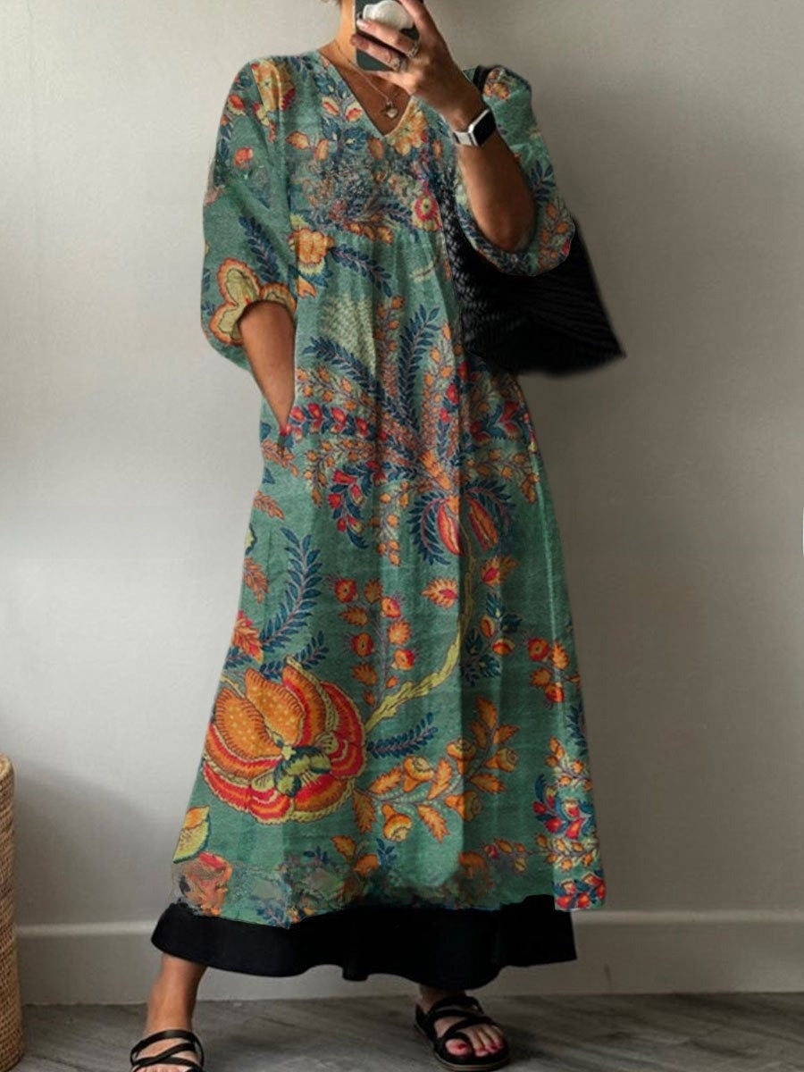 Women's Loose V Neck Long Sleeve Print Dress