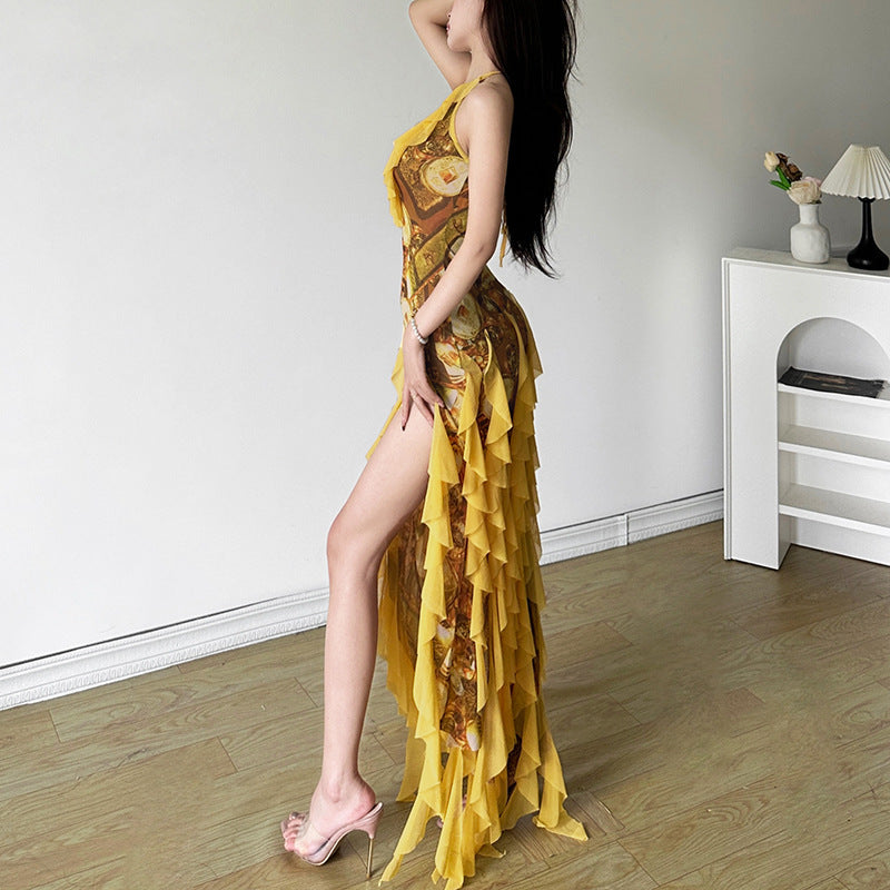 Women's Striped Floral Backless Dress