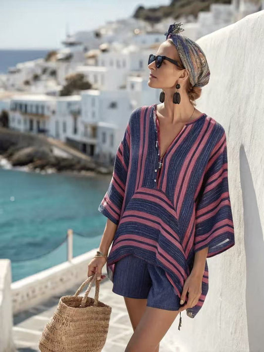 Women's V-Neck Striped Top and Shorts Set